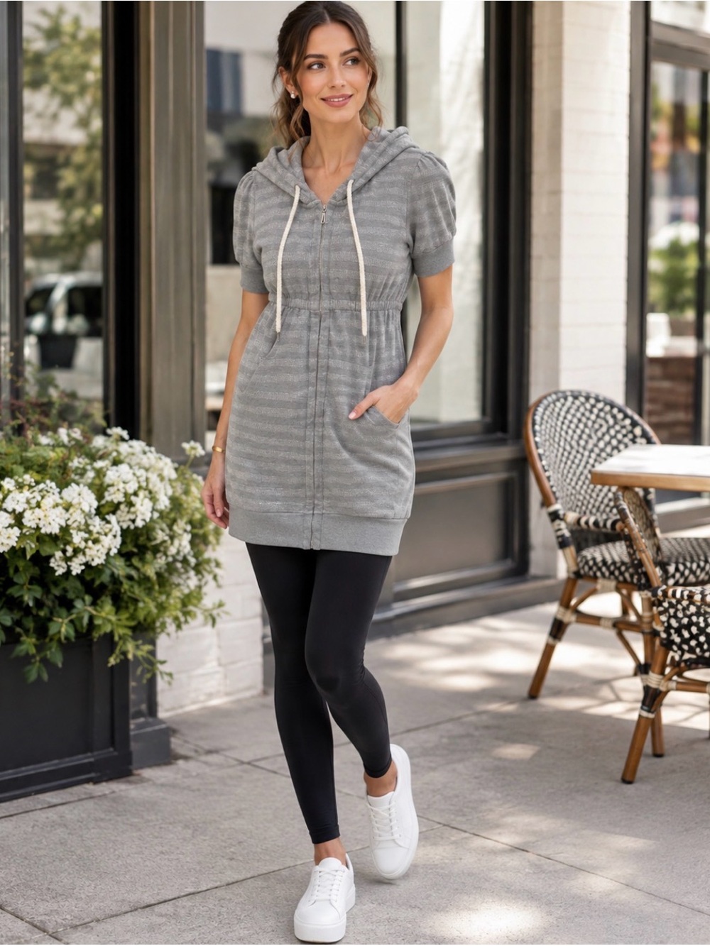 Juicy Couture Gray Hooded Short-Sleeve Zip Tunic